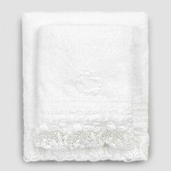 Witte Katoenen Badstofhanddoeken Met Kant, 2 Stuks Italiaanse Luxe - Sposi -Slide Shop asciugamani di spugna in cotone bianchi con pizzo 2 pezzi lusso italiano sposi 5