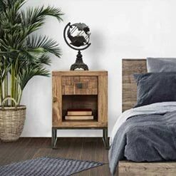 Design Nachtkastje Met Lade In Acaciahout En Ijzer - Dionne -Slide Shop comodino di design con cassetto in legno di acacia e ferro dionne 4