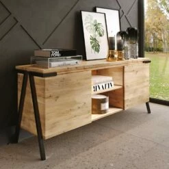 Dressoir Van Eikenhout En Metaal Met 2 Deuren En Open Vak Made In Italy - Jennifer -Slide Shop credenza in legno rovere e metallo con 2 ante e vano a giorno made in italy jennifer 2