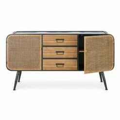 Vintage Dressoir Met Deuren En Lades Met Rotaneffect Van Sparrenhout - Freddy -Slide Shop credenza vintage con ante effetto rattan e cassetti in legno di abete freddy 2