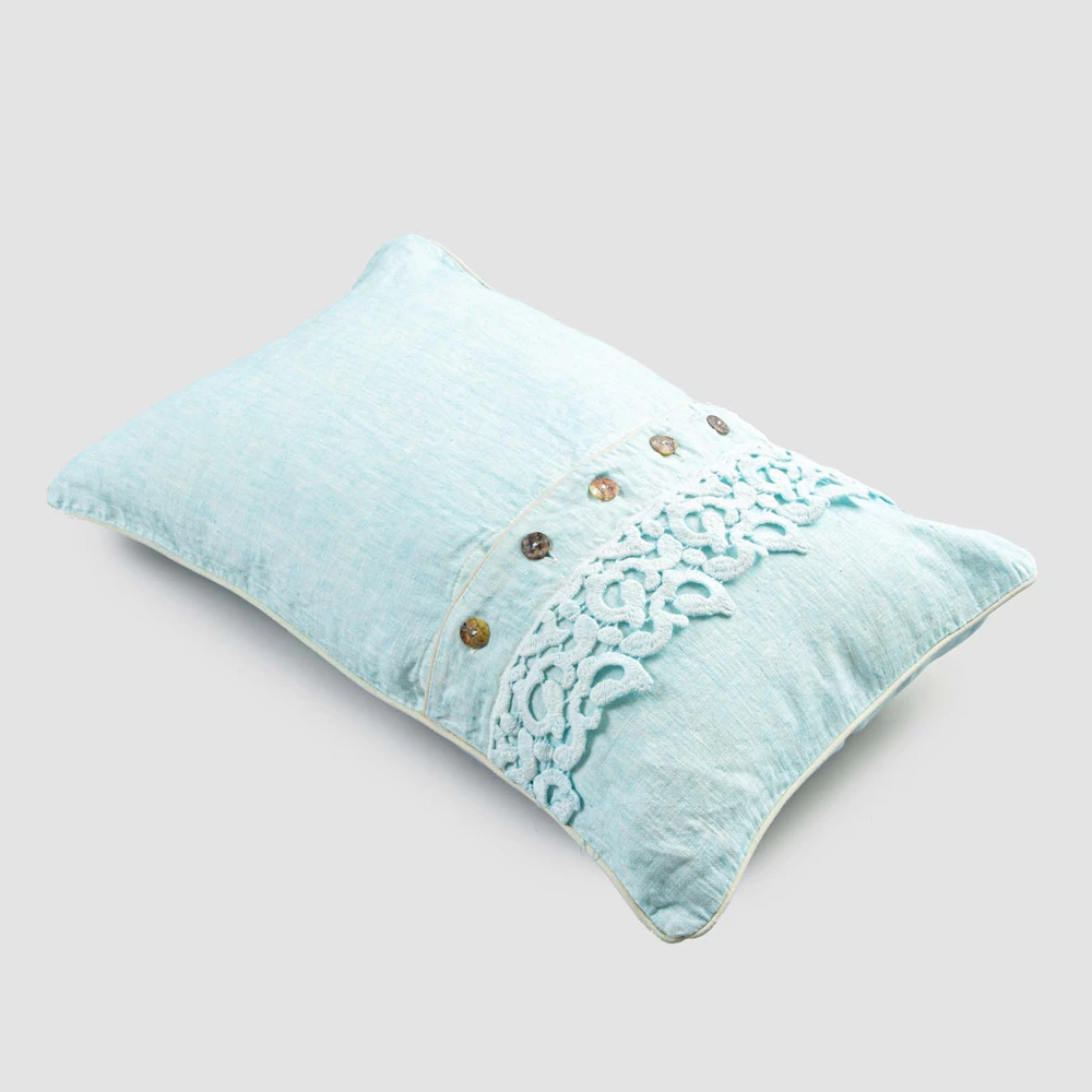 Kussensloop Van Gekleurd Linnen, Poema-kant En Italiaanse Luxe Biezen - Stego 2 Kussensloop Van Gekleurd Linnen, Poema-kant En Italiaanse Luxe Biezen - Stego - Afbeelding 2