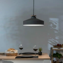 Hanglamp In Grijs Metaal En Hout Met Nylon Kabel - Marlena -Slide Shop lampada a sospensione in metallo grigio e legno con cavo in nylon marlena 5