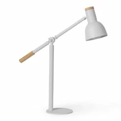 Tafellamp In Wit Metaal Met Natuurlijke Houten Details - Anya