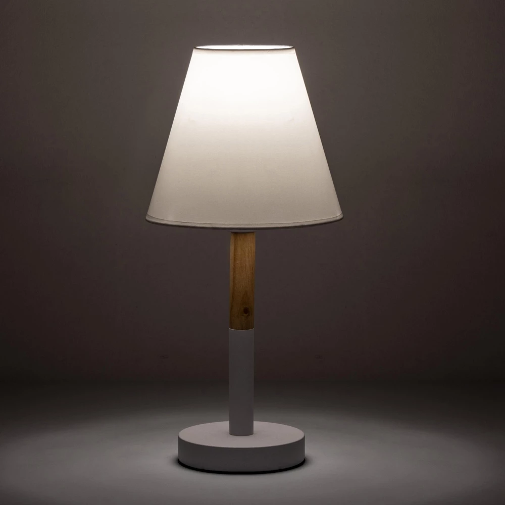 Tafellamp Van Wit Metaal En Hout Met Canvas Lampenkap - Sannah 2 Tafellamp Van Wit Metaal En Hout Met Canvas Lampenkap - Sannah - Afbeelding 2