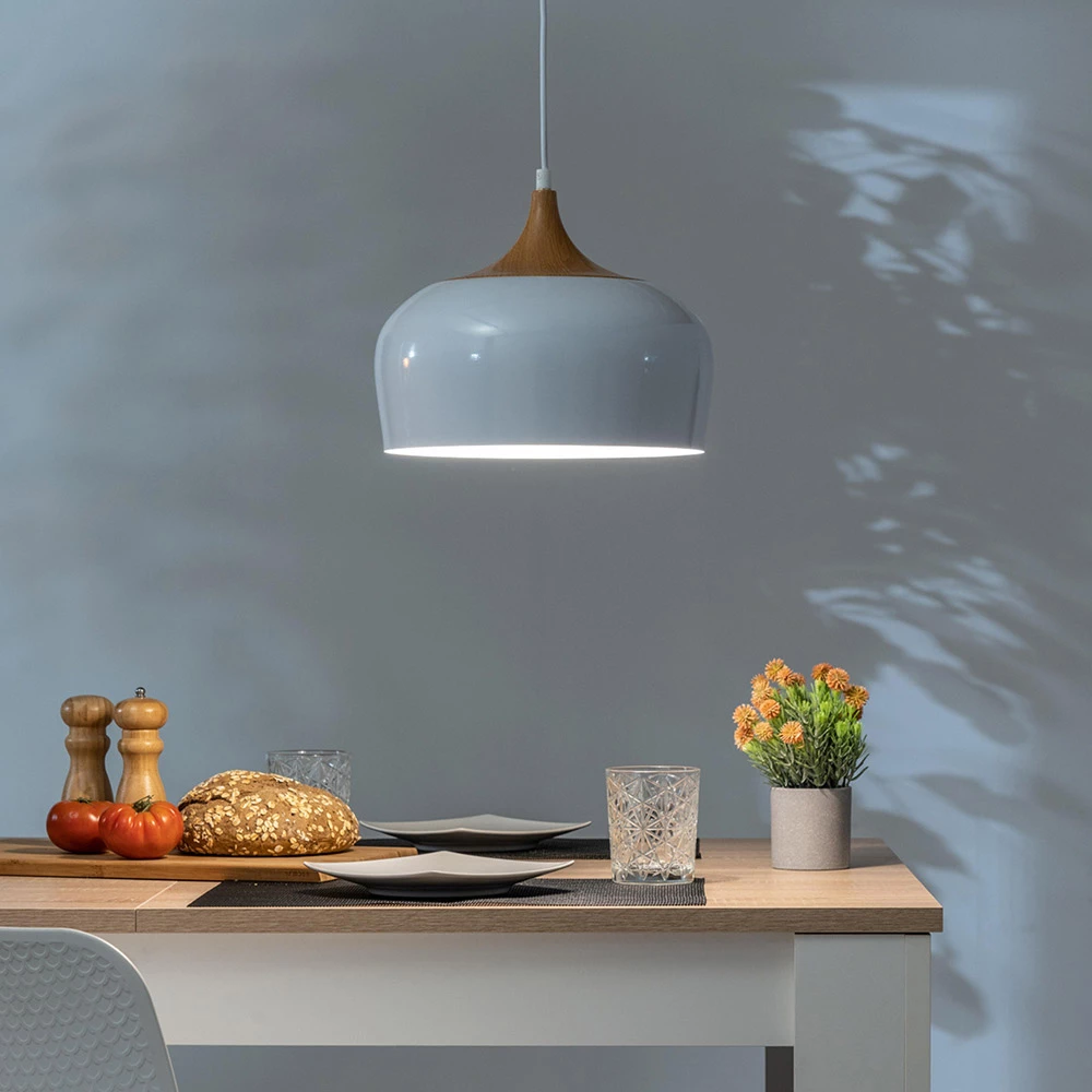 Pendellamp Met Lampenkap Van Wit Metaal En Houteffect - Barbara 6 Pendellamp Met Lampenkap Van Wit Metaal En Houteffect - Barbara - Afbeelding 6