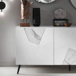 Madia In Melamine En Mdf Met Inzetstukken Met Marmereffect Made In Italy - Camira -Slide Shop madia in nobiliato e mdf con inserti effetto marmo made in italy camira 2