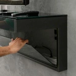 Wand Tv-meubel In Zwart Kristal En Metaal Made In Italy - Americio -Slide Shop mobile porta tv da parete in cristallo nero e metallo made in italy americio 3