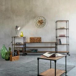 Stalen Tv-meubel Met Teakhouten Planken En Homemotion Wielen - Fulvia -Slide Shop mobile porta tv in acciaio con ripiani in teak e ruote homemotion fulvia 3