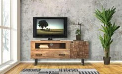 Modern Tv-meubel In Ijzer En Acaciahout Met Lade En Deur - Deanna -Slide Shop mobile porta tv moderno in ferro e legno di acacia con cassetto e anta deanna 3
