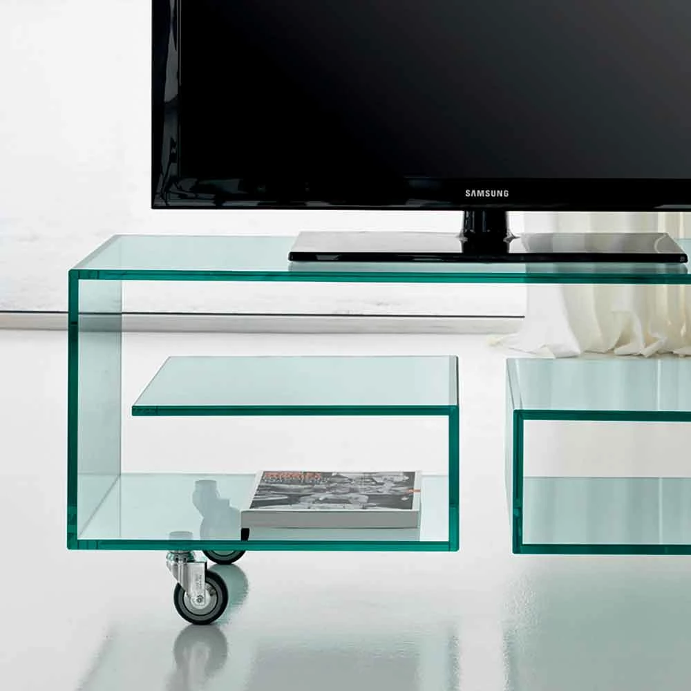 Woonkamer Tv-standaard In Transparant Glas Met Wielen, Luxe - Birintolo 2 Woonkamer Tv-standaard In Transparant Glas Met Wielen, Luxe - Birintolo - Afbeelding 2