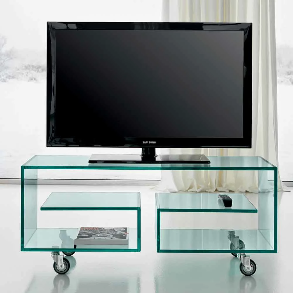 Woonkamer Tv-standaard In Transparant Glas Met Wielen, Luxe - Birintolo 1 Woonkamer Tv-standaard In Transparant Glas Met Wielen, Luxe - Birintolo