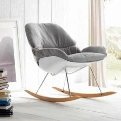Rocking Fauteuil Met Moderne Verwijderbare Zachte Grijze Kussen Acacia