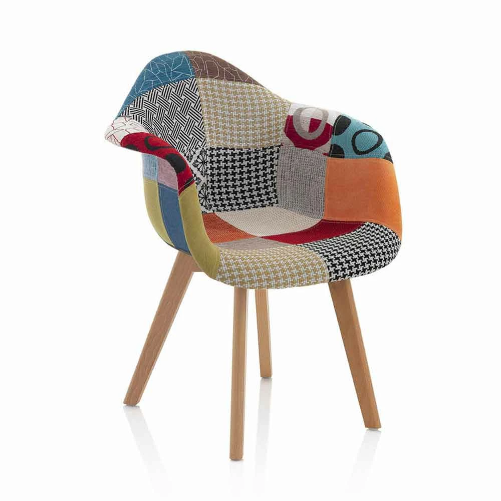 Patchwork Design Fauteuil In Stof Met Houten Poten, 2 Stuks - Selena 1 Patchwork Design Fauteuil In Stof Met Houten Poten, 2 Stuks - Selena