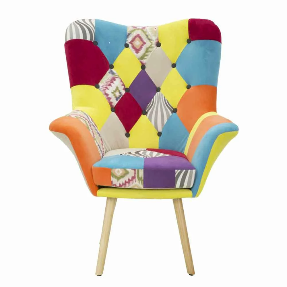 Modern Design Patchwork Fauteuil In Stof En Hout - Karin 2 Modern Design Patchwork Fauteuil In Stof En Hout - Karin - Afbeelding 2