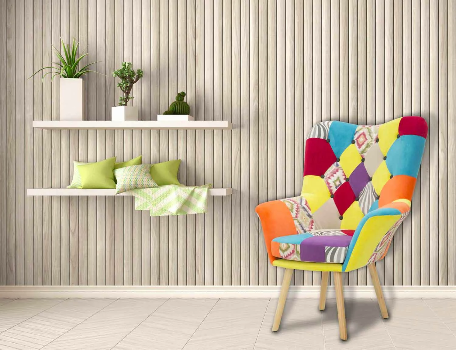 Modern Design Patchwork Fauteuil In Stof En Hout - Karin 10 Modern Design Patchwork Fauteuil In Stof En Hout - Karin - Afbeelding 10