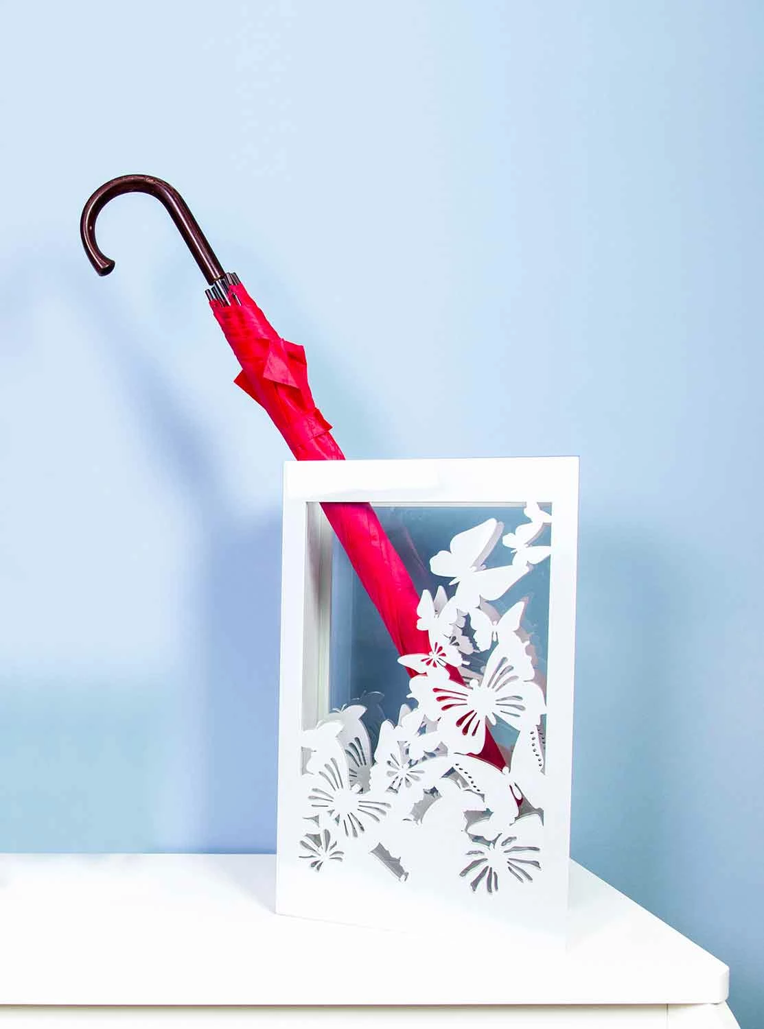 Witte Houten Paraplubak Met Modern Design Versierd Met Vlinders - Papilio 2 Witte Houten Paraplubak Met Modern Design Versierd Met Vlinders - Papilio - Afbeelding 2