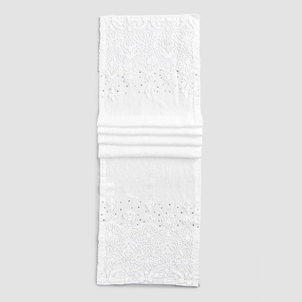 Tafelloper In Linnen Met Druppels Kant En Kristallen Luxe Decoratie - Welsh 1 Tafelloper In Linnen Met Druppels Kant En Kristallen Luxe Decoratie - Welsh