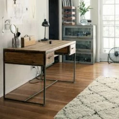 Homemotion Stalen En Acaciahouten Bureau Met 2 Lades - Benver -Slide Shop scrivania in acciaio e legno di acacia con 2 cassetti homemotion benver 6