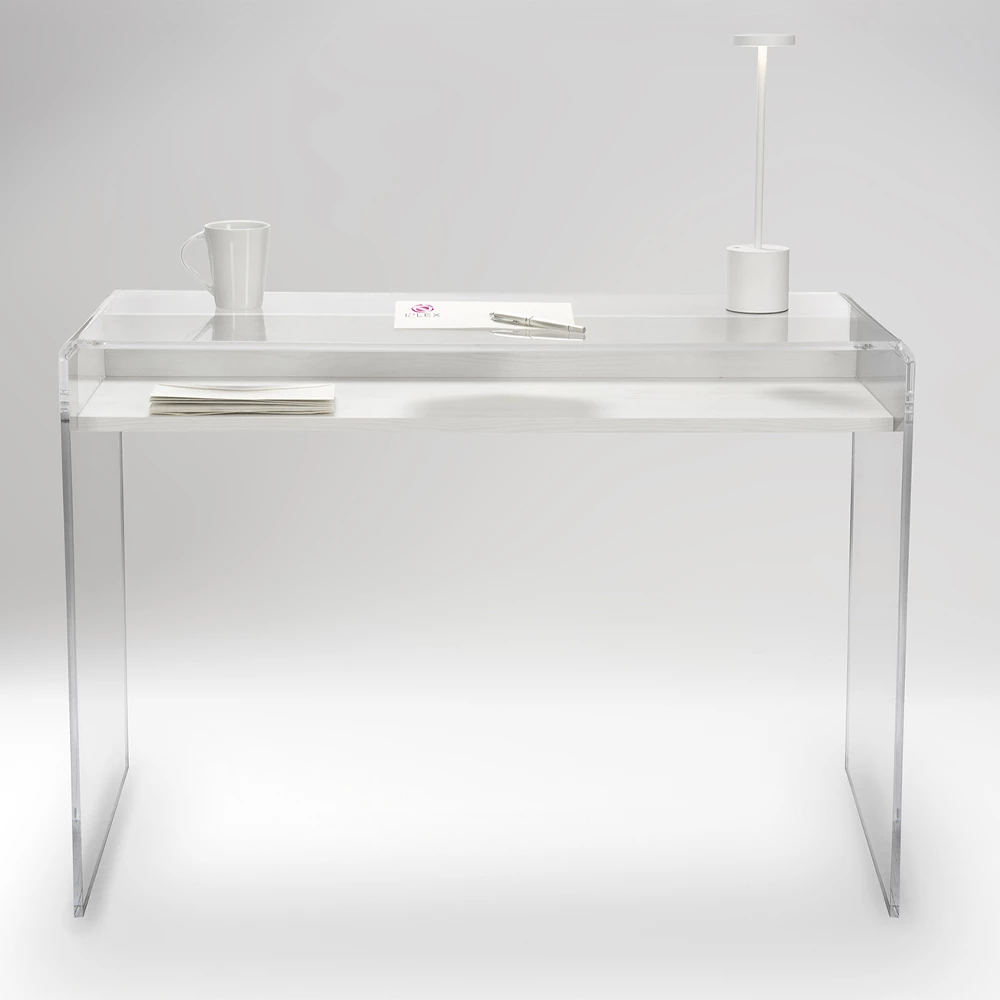 Transparant Plexiglas Bureau Met Design Houten Plank - Carducci 8 Transparant Plexiglas Bureau Met Design Houten Plank - Carducci - Afbeelding 8