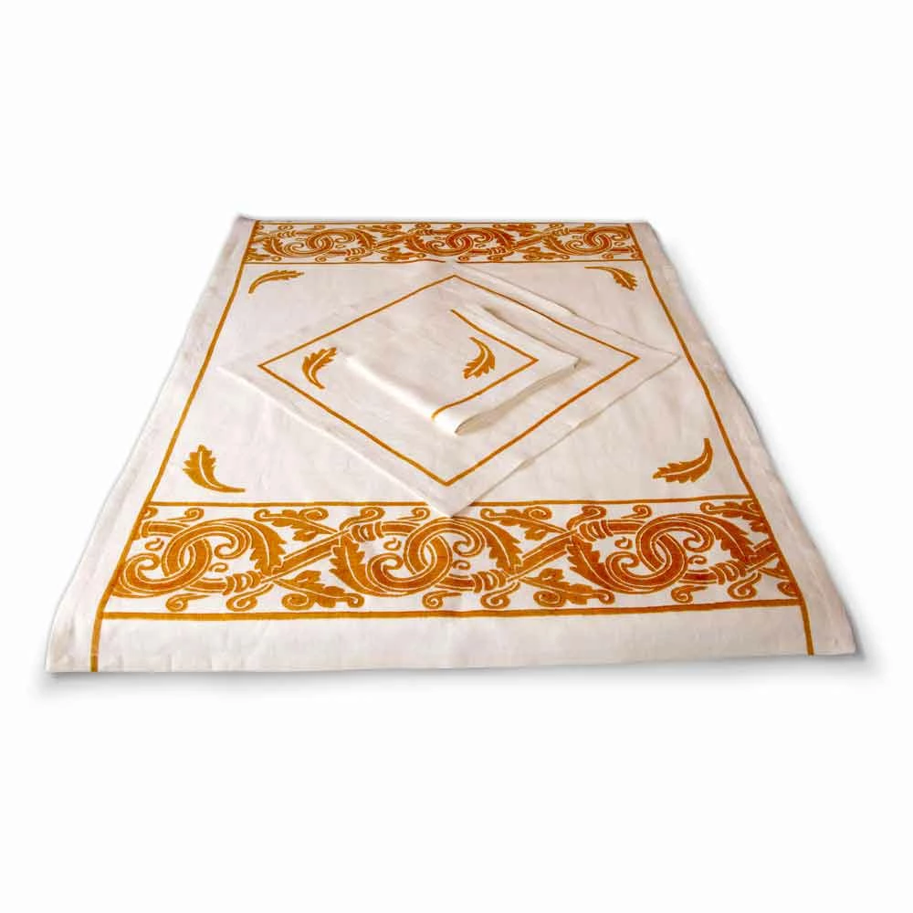 Linnen Ontbijtservice Met Handgemaakte Print Uniek Stuk 1 Linnen Ontbijtservice Met Handgemaakte Print Uniek Stuk