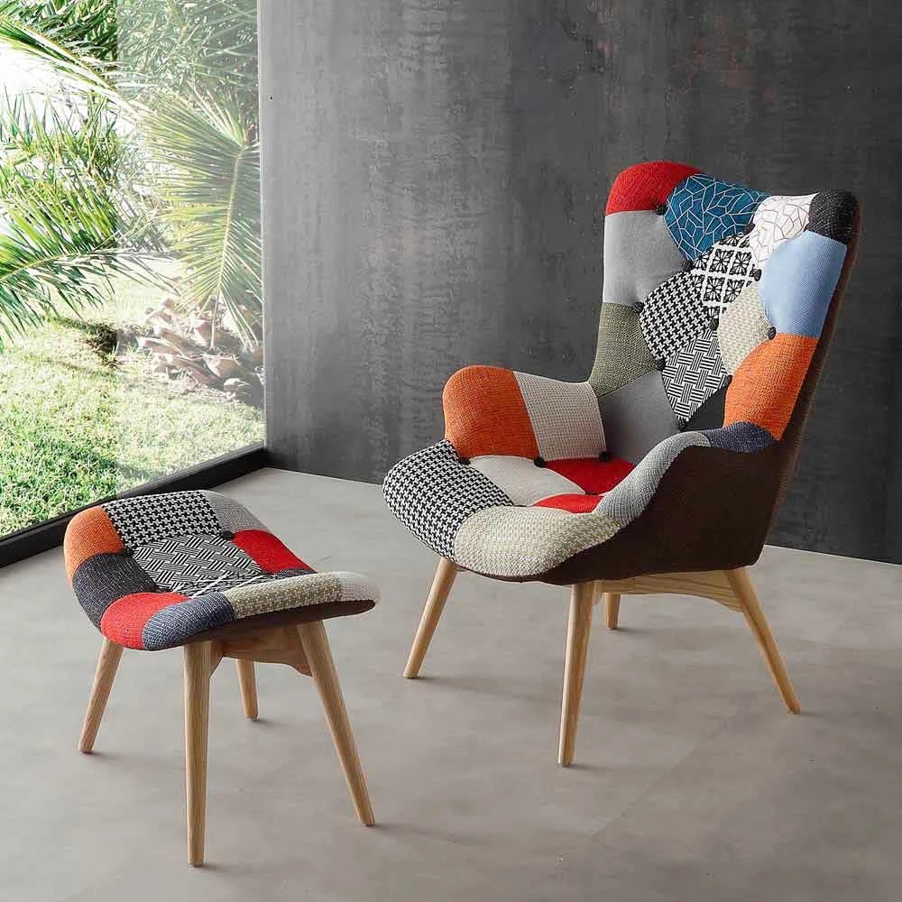 Fauteuil Veelkleurig Patchwork Met Massief Houten Poten Veronica 3 Fauteuil Veelkleurig Patchwork Met Massief Houten Poten Veronica - Afbeelding 3