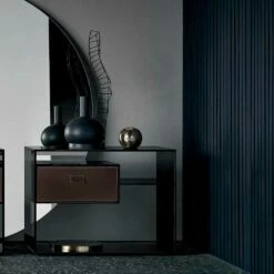 Sofa Bijzettafel Of Nachtkastje In Gerookt Glas Met Lederen Lade - Linzy