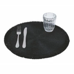 Ronde Ontbijtplacemats In Zwart Polyester Met Franjes 12 Stuks - Saretta